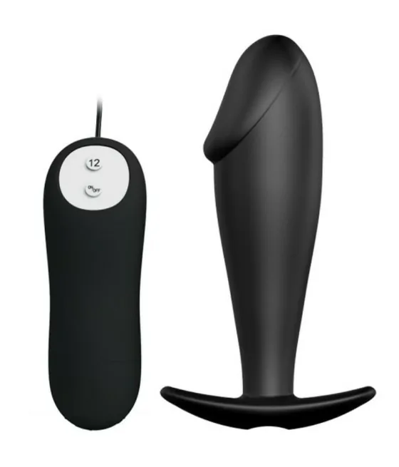 Plug anal en silicone forme pénis avec 12 modes de vibration - noir