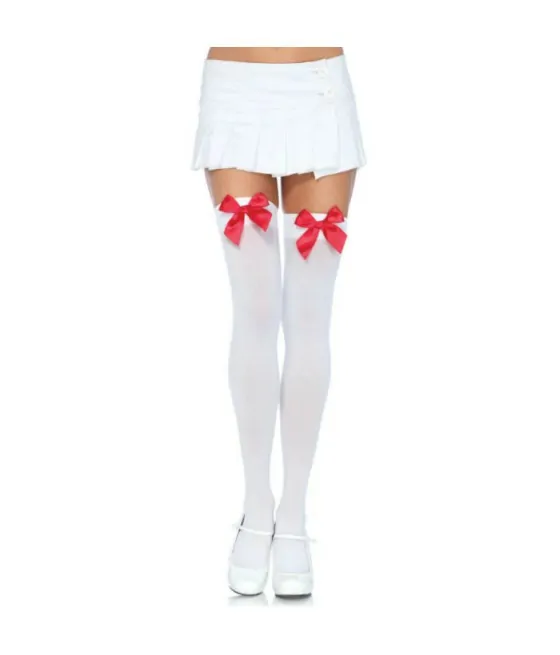 LEG AVENUE - CUISSES HAUTES EN NYLON AVEC NOEUD BLANC / ROUGE