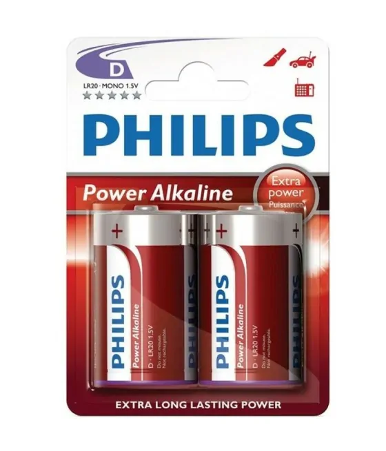 Piles alcalines Philips Power - taille D (LR20) - blister de 2