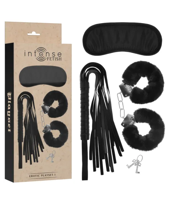 INTENSE - FETISH PLAYSET ÉROTIQUE 1 AVEC MENOTTES, MASQUE AVEUGLE ET FLOGGER